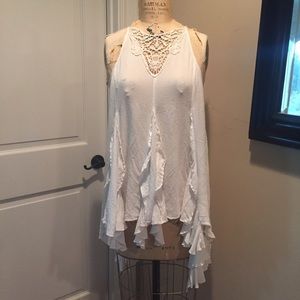 Free People Ruffle Crochet Asymetrical macrame tank Tunic